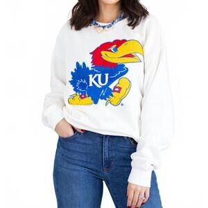 NEW GAMEDAY SOCIAL kansas jayhawks chenille crewneck sweater in white